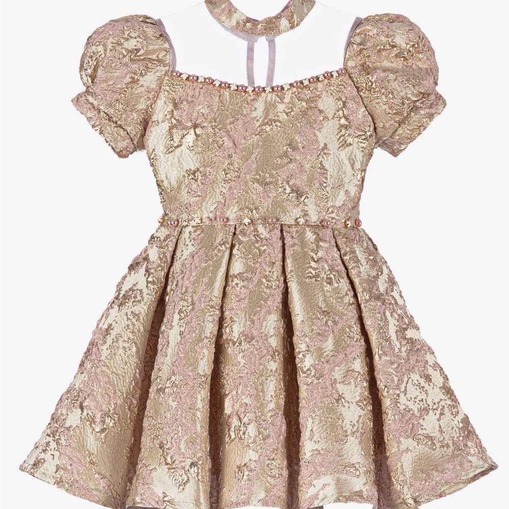 Metallic Gold and Blush Brocade Puff-Sleeve Fit & Flare Dress